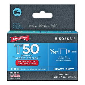 Arrow 5/16 in. T50 Stainless Steel Flat Crown Staples, 1,000-Packimage