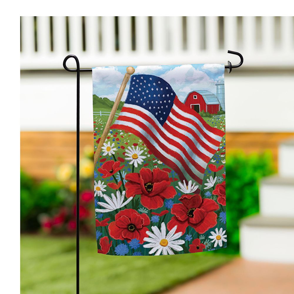 Evergreen Barn And Flag Garden Flag
