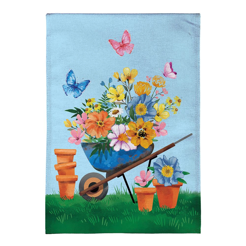 Evergreen Floral Wheelbarrow Garden Flag