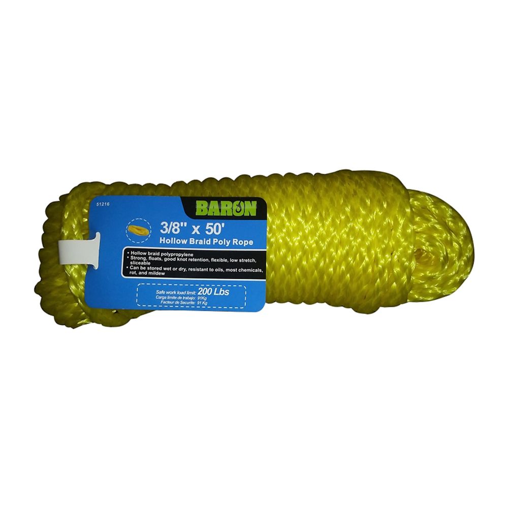 Baron Mfg 3/8 in. x 50 ft. Yellow Hollow Braid Polypropylene Rope