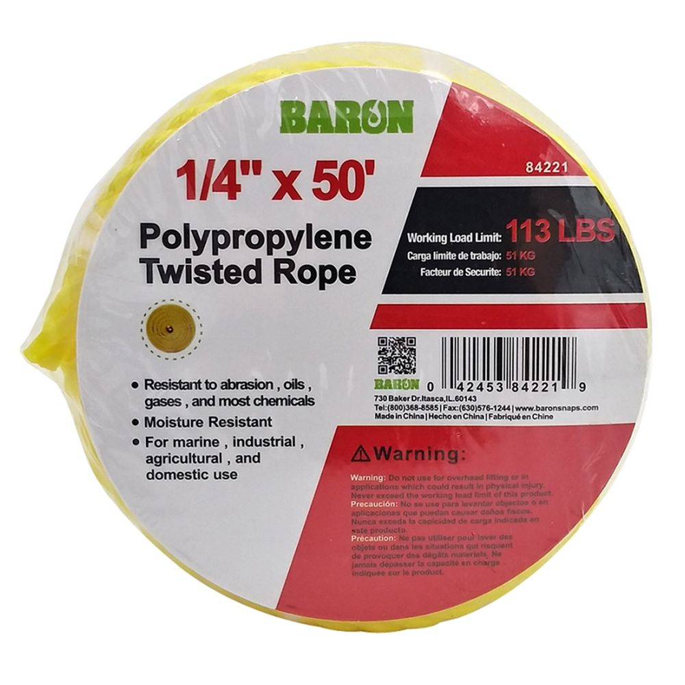 Baron Mfg 1/4 in. x 50 ft. Yellow Twisted Polypropylene Rope
