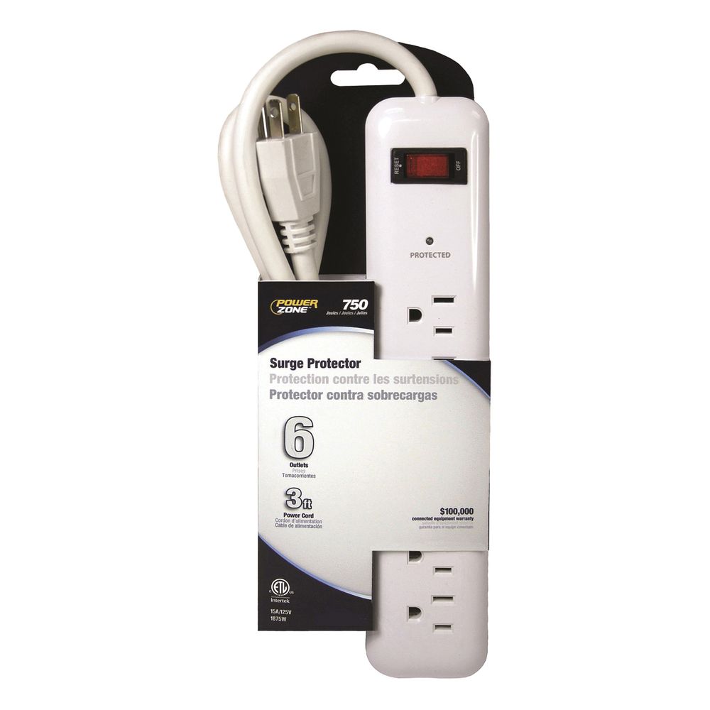 PowerZone 6-Outlet 750 Joule White Surge Protector