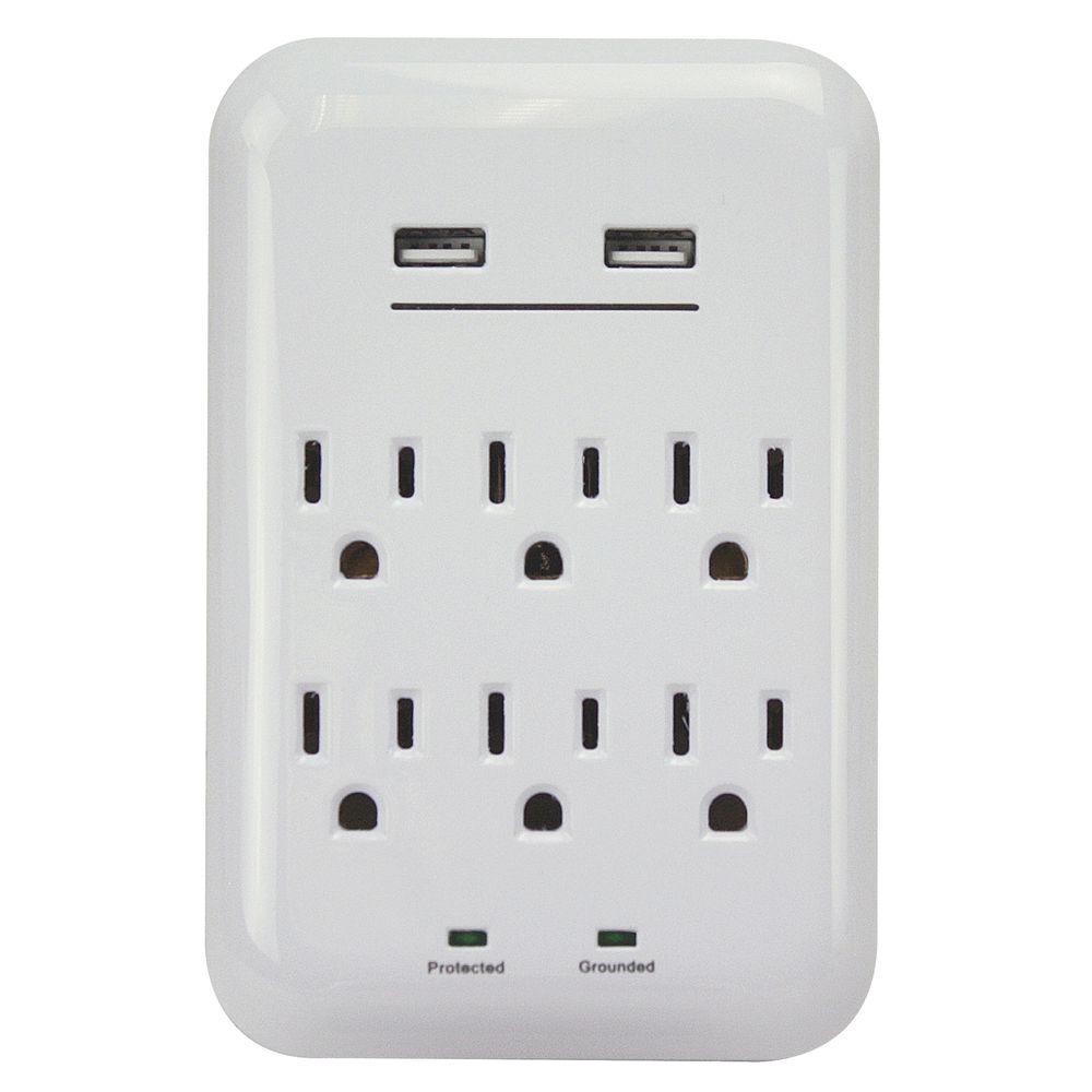 PowerZone 6-Outlet 2-Port 3.4A 1200J USB Charger with Surge Protection