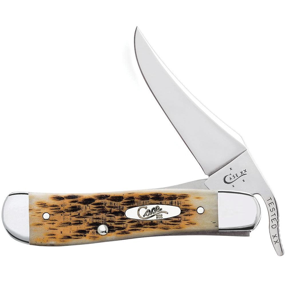 Case Amber Bone Peach Seed Jig RussLock Folding Pocket Knife