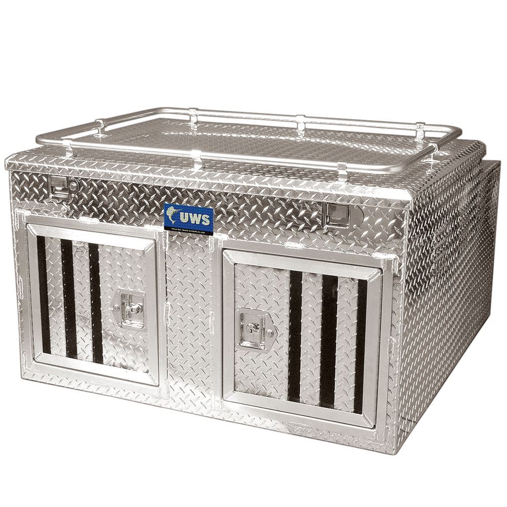 geaux dog tackle box 55107 Double Compartment Top Storage Dog Box / 38 W X 40 D X 25 H / All Season Vents / Diamond Tread Aluminum / Animal Control Dog Box / Owens This large tackle box with 4 detachable storage boxes will maximize your fishing gear organization Dog Box, Hunting Dog Box,
